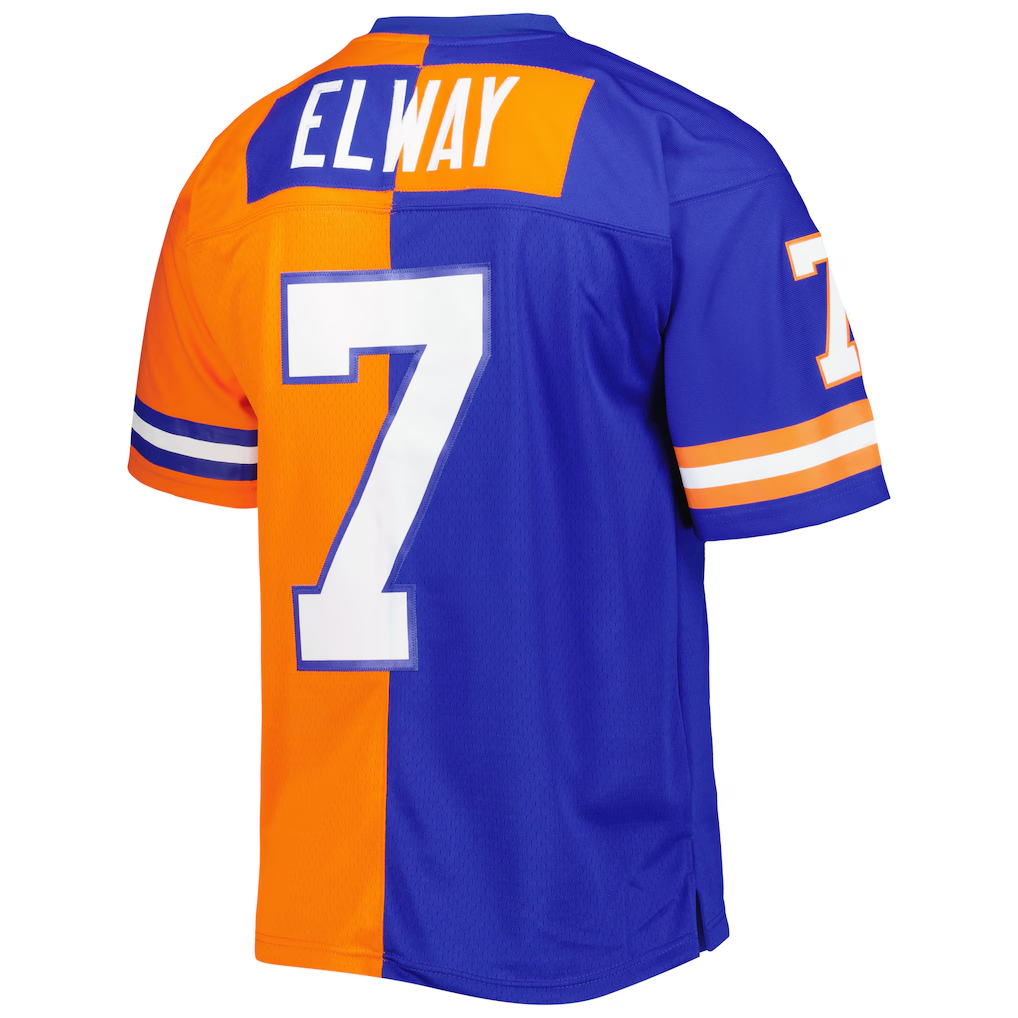 Yuxns D.Broncos #7 John Elway Mitchell & Ness RoyalOrange 1990 Split Legacy Replica Puhic Stitched Jerseys
