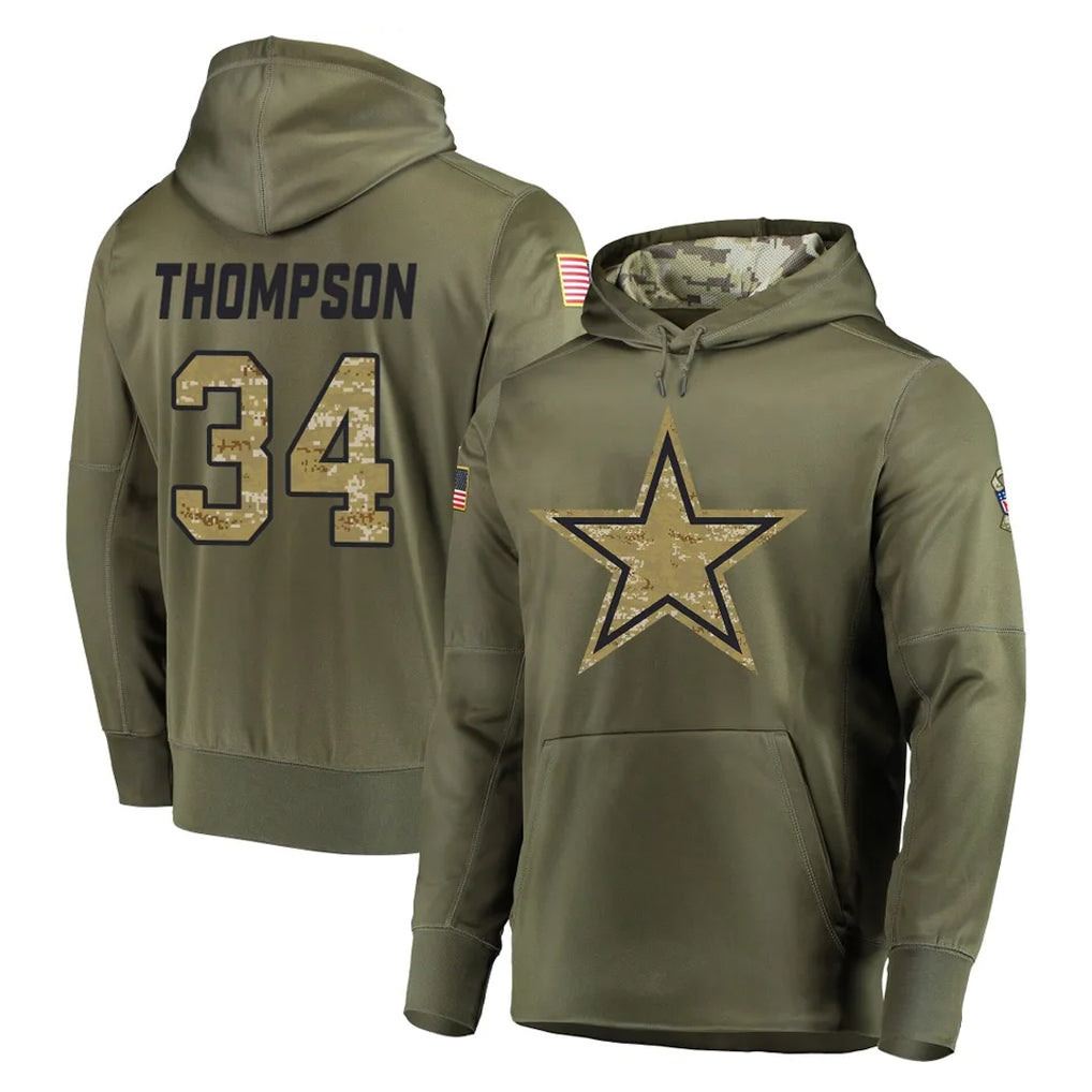 Yuxns D.Cowboys #34 Jalen Thompson Player Olive Salute to Service Pullover Hoodies Home Game Stitched Jerseys