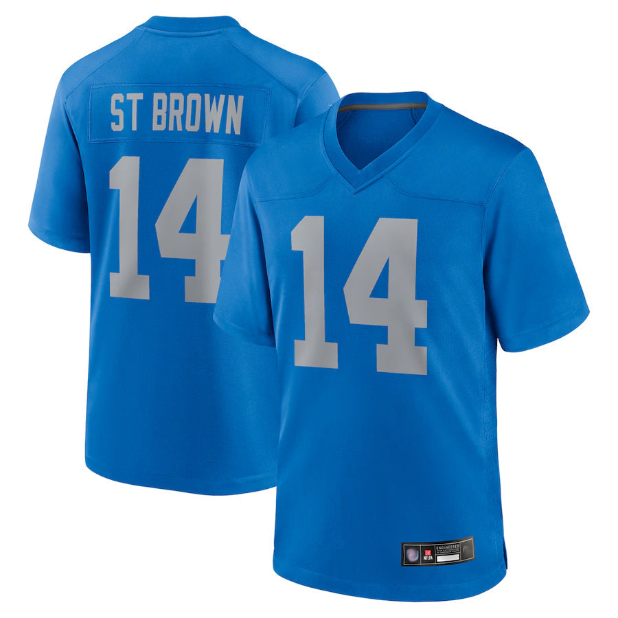 Yuxns D.Lions Alternate Game Stitched Jerseys Throwback - Blue - #14 Amon-Ra St. Brown Player