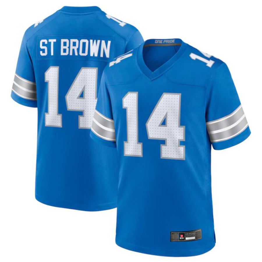 Yuxns D.Lions #14 Amon-Ra St. Brown Blue Game Jersey American Stitched  Jerseys