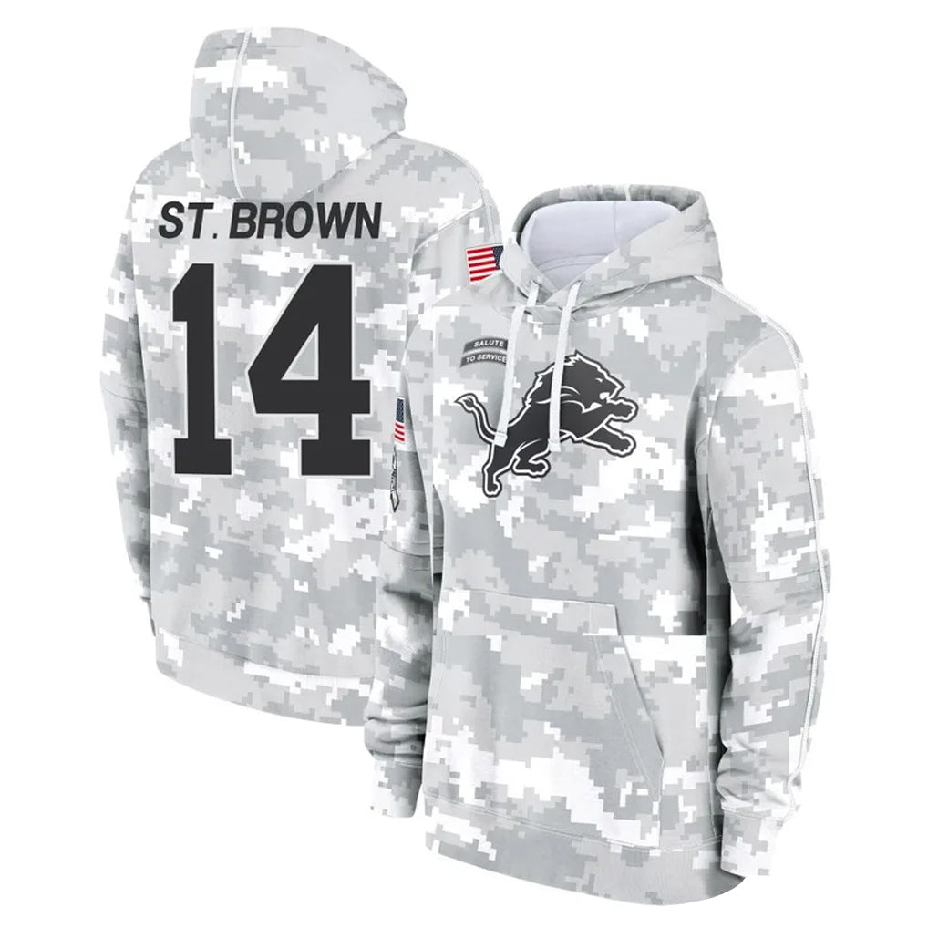 Yuxns D.Lions #14 Amon-Ra St. Brown Player Arctic Camo Salute to Service Hoodies Limited Game Stitched Jerseys