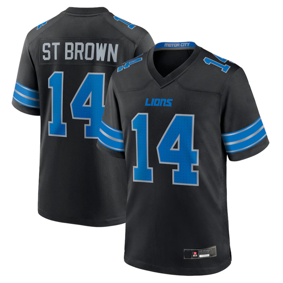 Yuxns D.Lions #14 Amon-Ra St. Brown Player Black Game Stitched  Jerseys