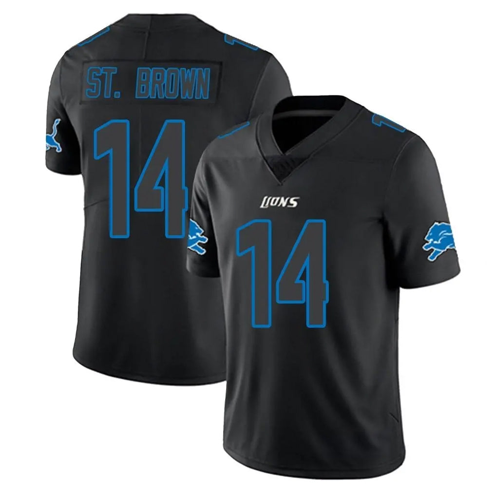 Yuxns D.Lions #14 Amon-Ra St. Brown Player Black Impact Limited Home Game Stitched Jerseys
