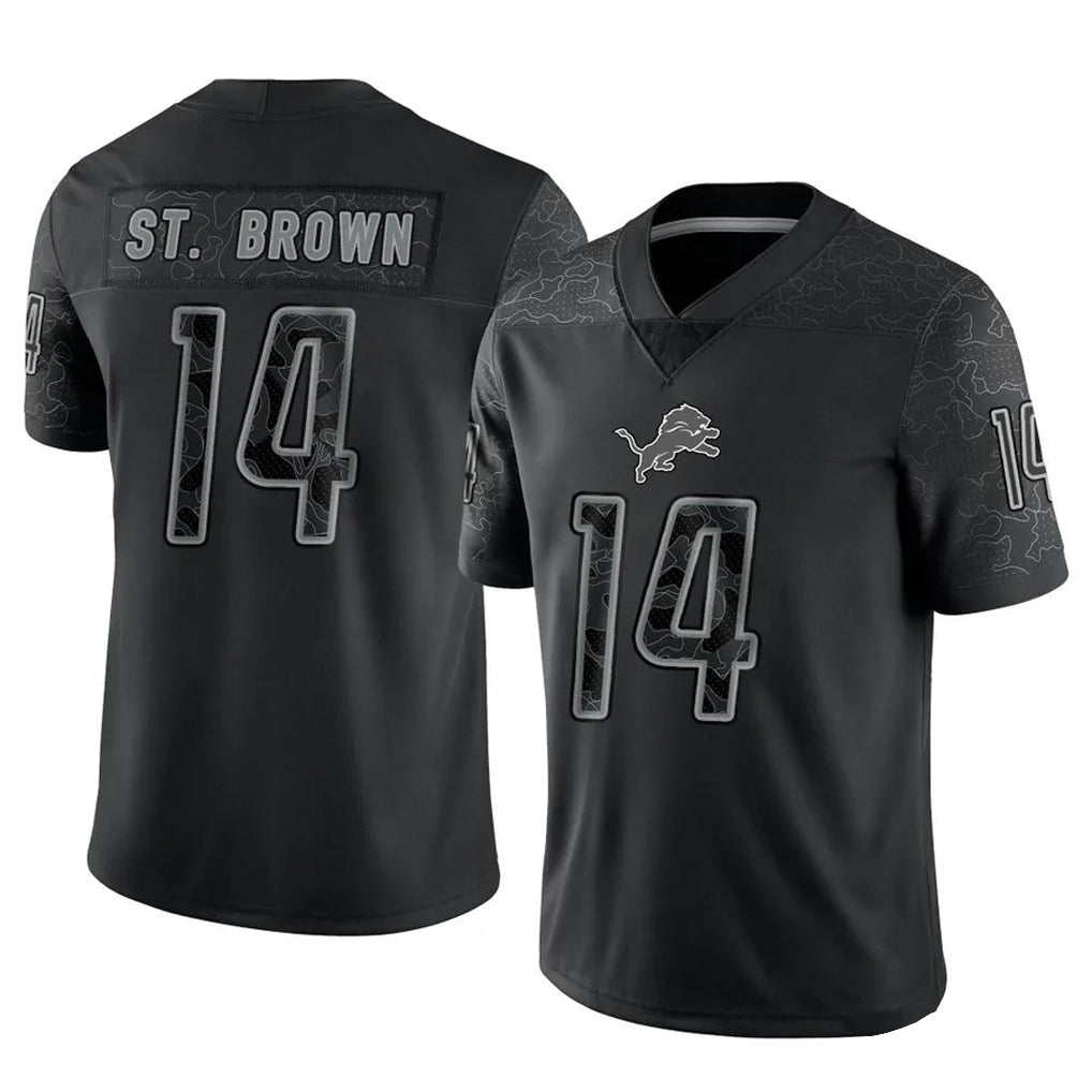 Yuxns D.Lions #14 Amon-Ra St. Brown Player Black REFLECTIVE Limited Stitched Jerseys