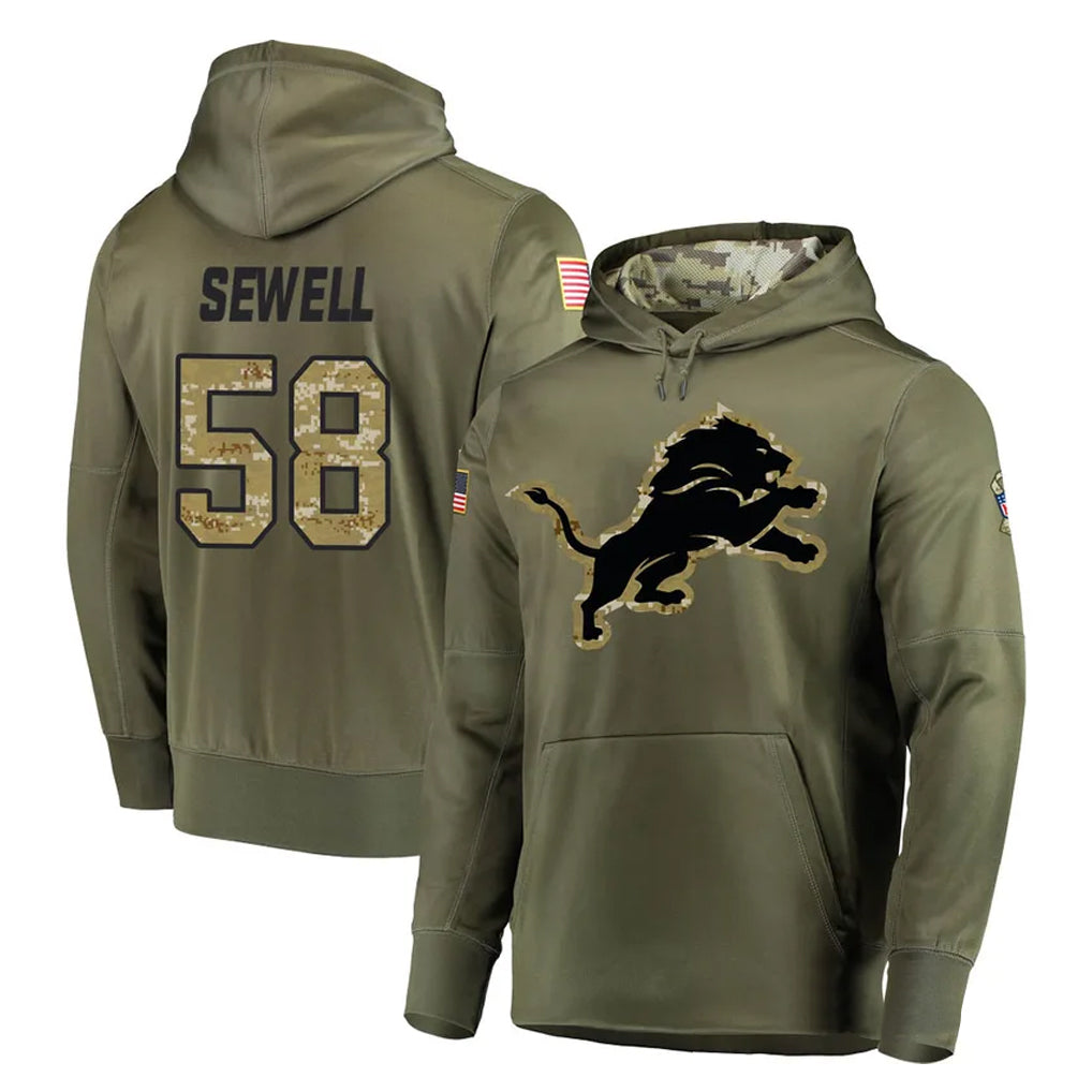 Yuxns D.Lions #58 Penei Sewell Player Olive Salute to Service Pullover Hoodies Home Game Stitched Jerseys