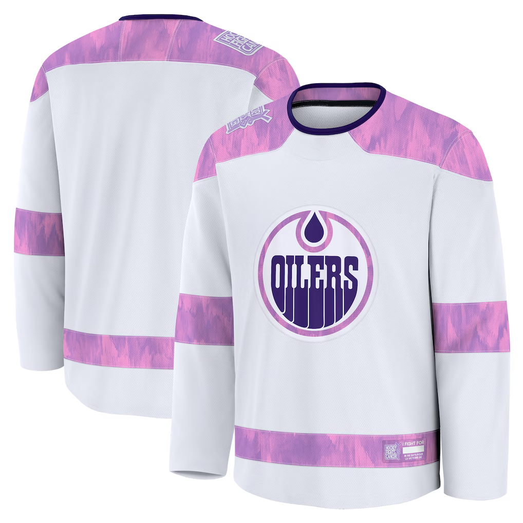 Yuxns E.Oilers White 2024 Hockey Fights Cancer Practice Jerseys