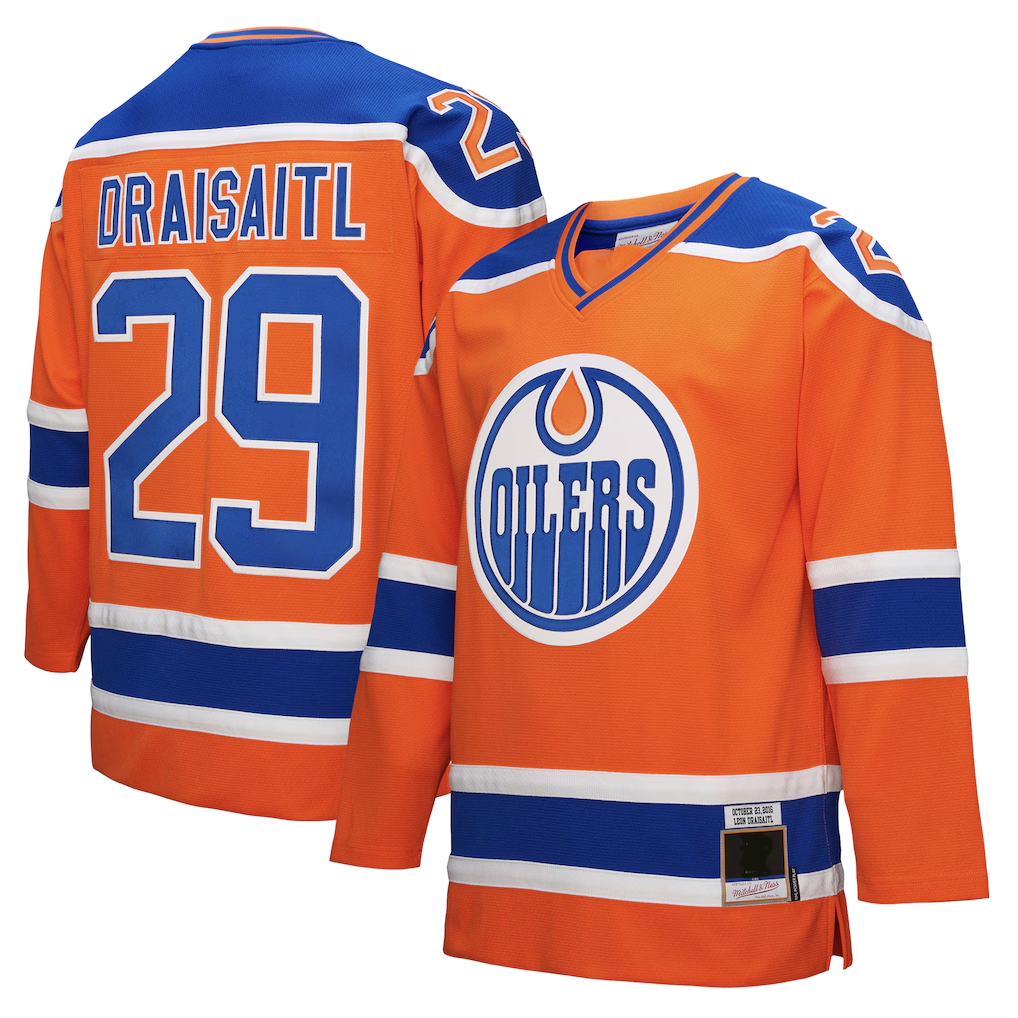Yuxns E.Oilers #29 Leon Draisaitl Mitchell & Ness Orange Power Play Jerseys