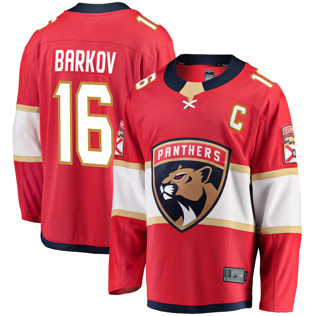 Yuxns F.Panthers #16 Aleksander Barkov Red Captain Patch Home Breakaway Jerseys