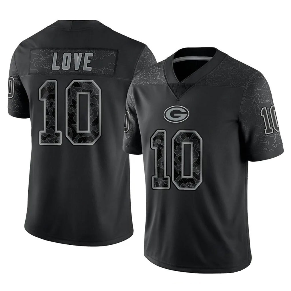 Yuxns GB.Packers #10 Jordan Love Player Black Reflective Limited Home Game Stitched Jerseys