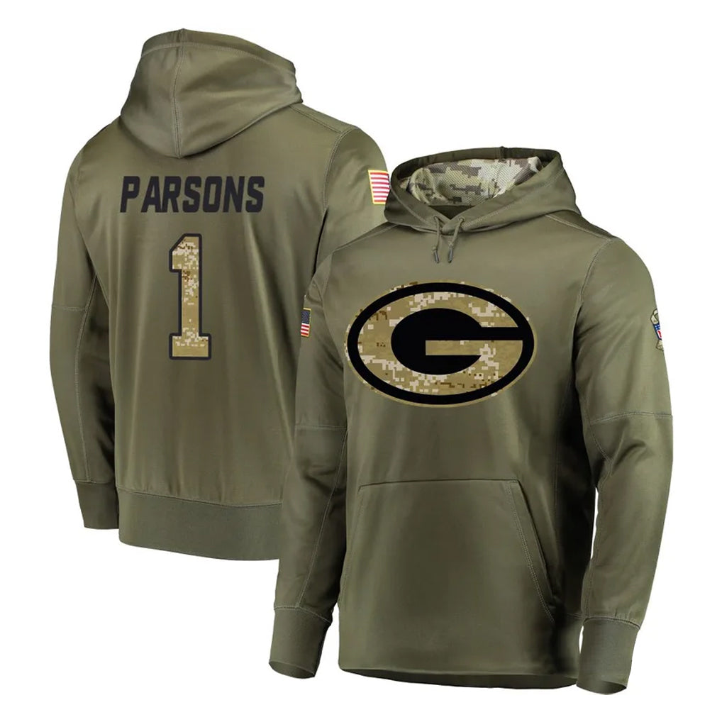 Yuxns GB.Packers #1 Micah Parsons Player Olive Salute to Service Pullover Hoodies Home Game Stitched Jerseys