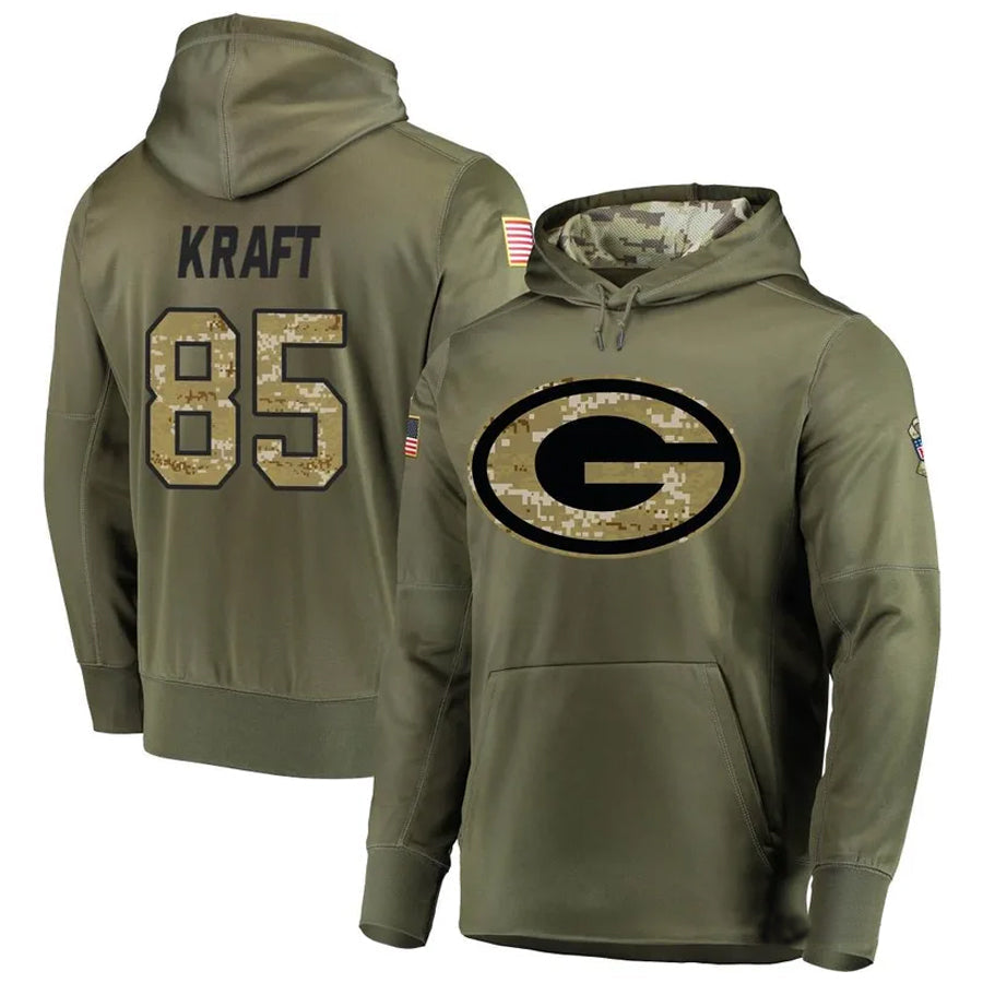 Yuxns GB.Packers #85 Tucker Kraft Player Olive Salute to Service Pullover Hoodie Game Stitched Jerseys