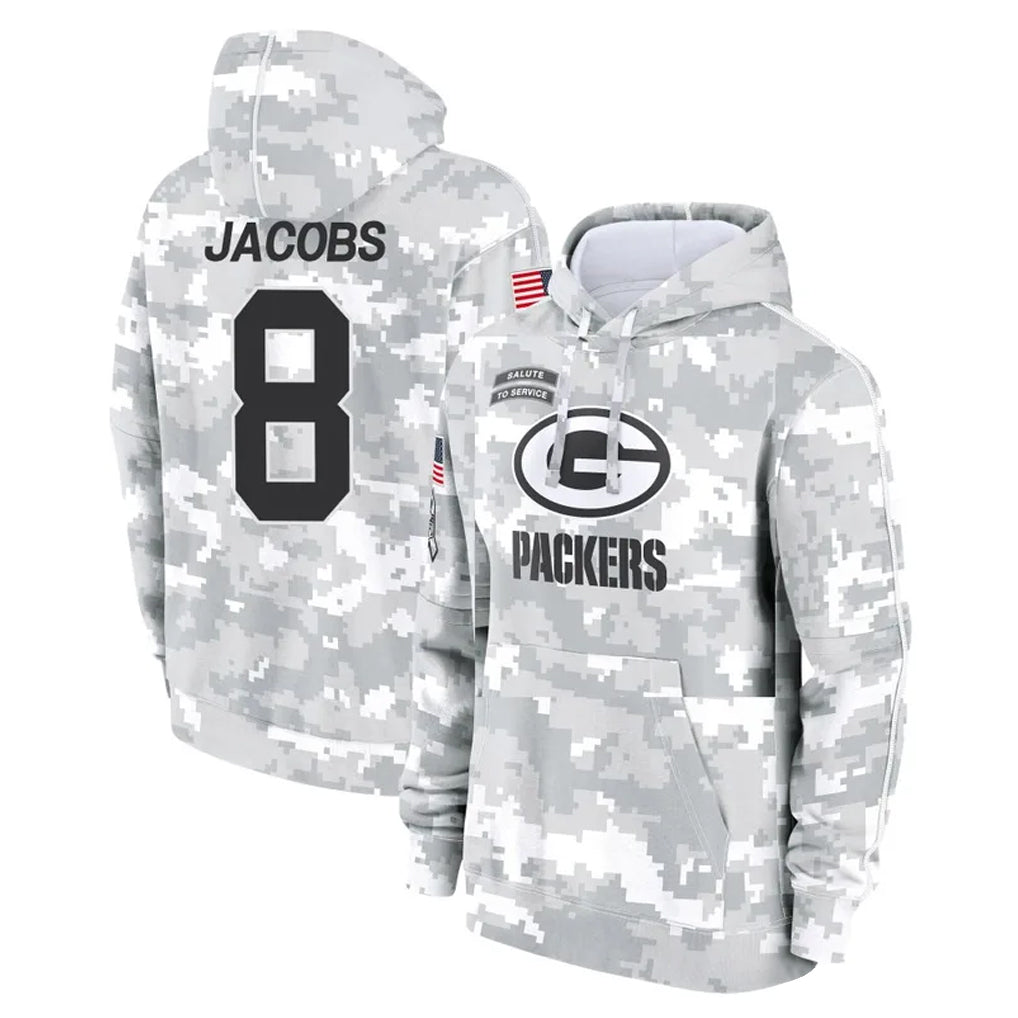 Yuxns GB.Packers #8 Josh Jacobs Player Arctic Camo Salute to Service Hoodies Limited Game Stitched Jerseys