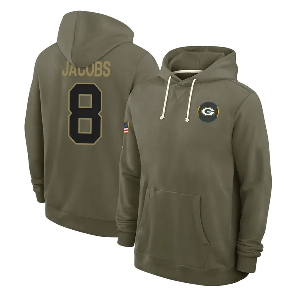 Yuxns GB.Packers #8 Josh Jacobs Player Olive Salute to Service Pullover Hoodies Limited Stitched Jerseys