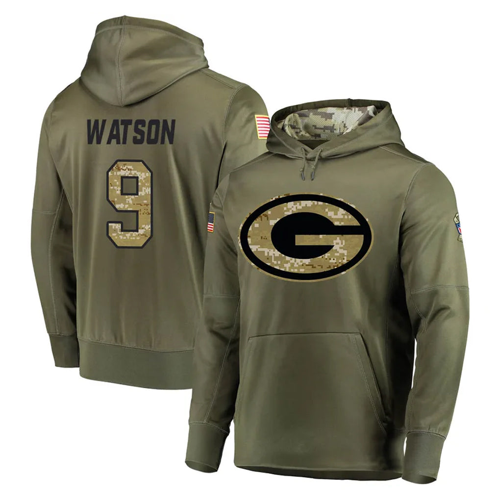 Yuxns GB.Packers #9 Christian Watson Player Olive Salute to Service Pullover Hoodies Home Game Stitched Jerseys