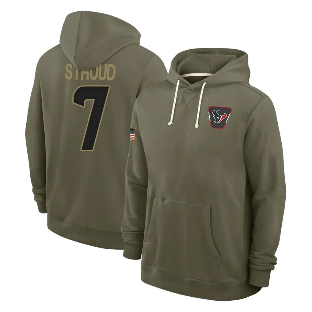 Yuxns H.Texans #7 CJ Stroud Player Olive Salute to Service Pullover Hoodies Limited Stitched Jerseys