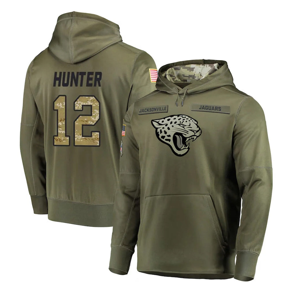 Yuxns J.Jaguars #12 Travis Hunter Player Olive Salute to Service Pullover Hoodies Home Game Stitched Jerseys