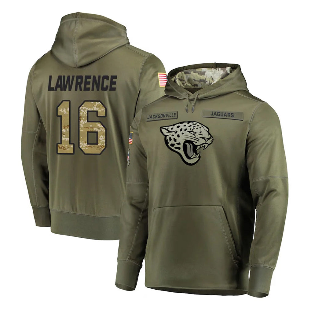 Yuxns J.Jaguars #16 Trevor Lawrence Player Olive Salute to Service Pullover Hoodies Home Game Stitched Jerseys
