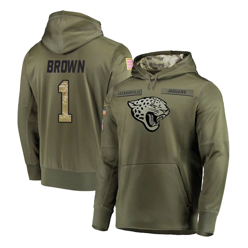 Yuxns J.Jaguars #1 Montaric Brown Player Olive Salute to Service Pullover Hoodies Home Game Stitched Jerseys