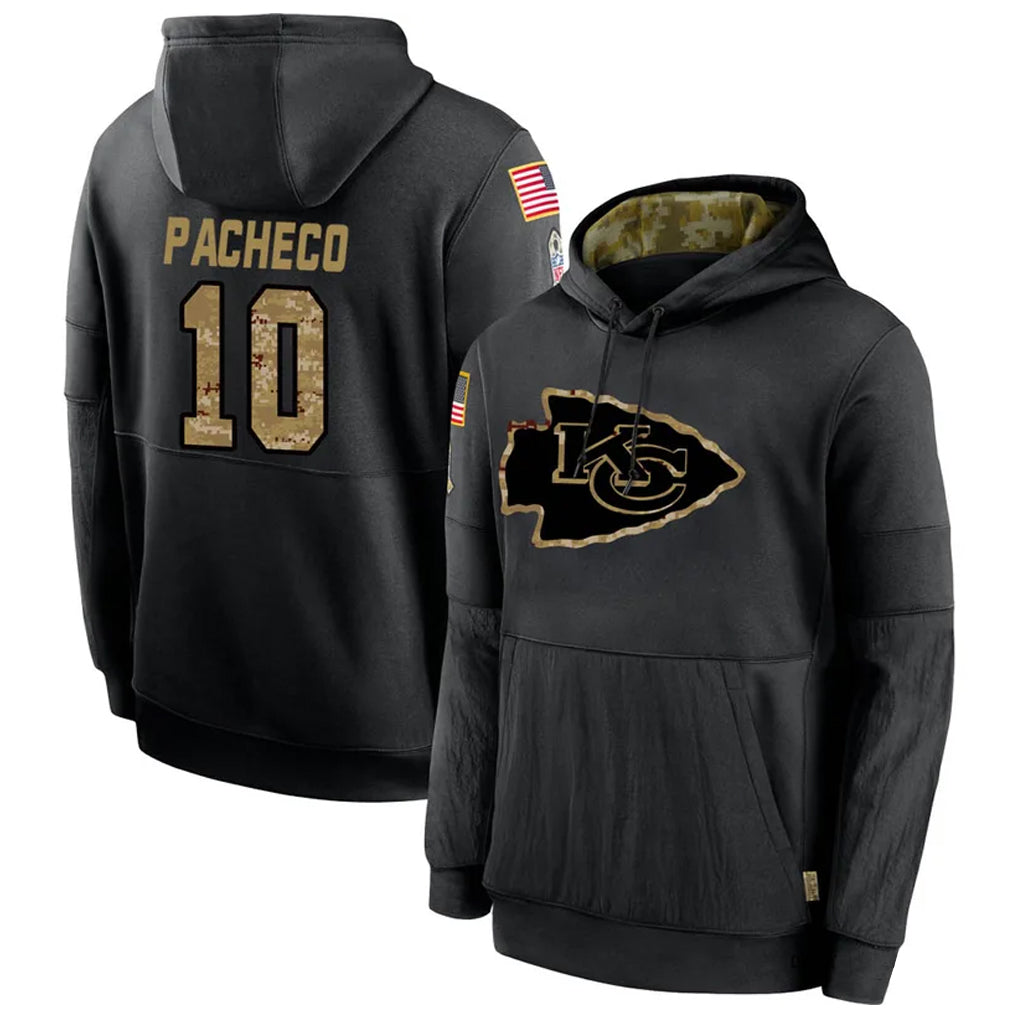 Yuxns KC.Chiefs #10 Isiah Pacheco Player Black Salute to Service Hoodies Stitched Jerseys