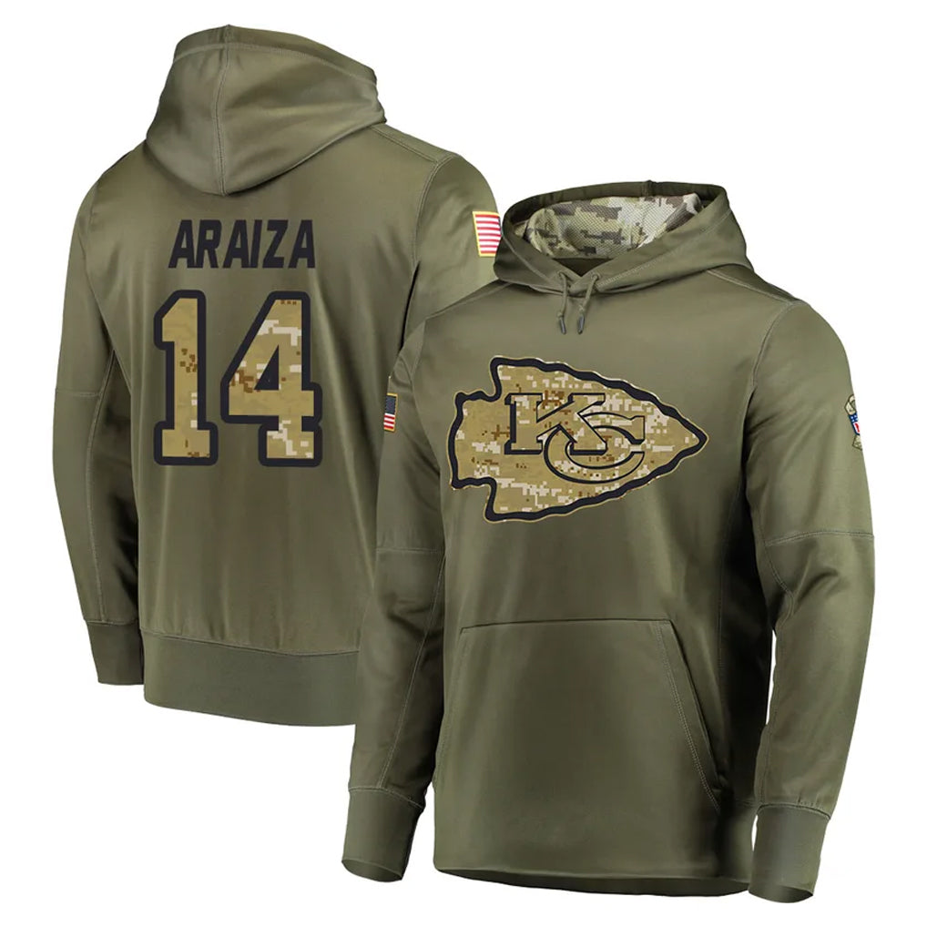 Yuxns KC.Chiefs #14 Matt Araiza Player Olive Salute to Service Pullover Hoodies Home Game Stitched Jerseys