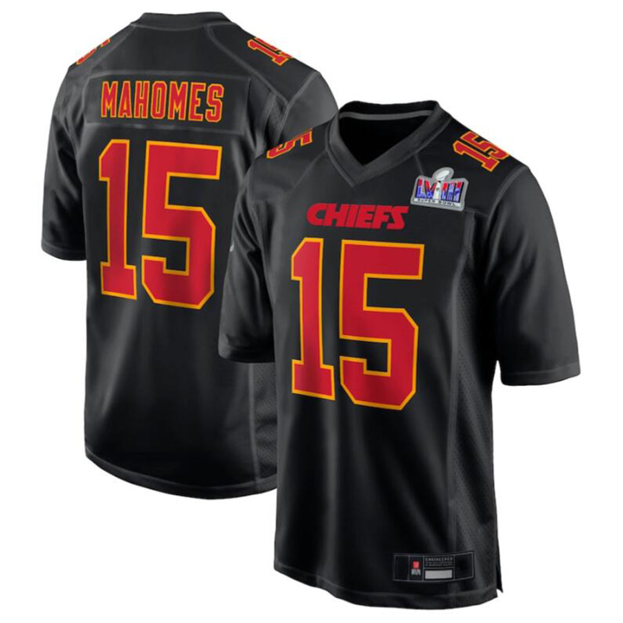 Yuxns KC.Chiefs #15 Patrick Mahomes Black Super Bowl LVIII Carbon Fashion Game Player Jersey American Stitched Jerseys