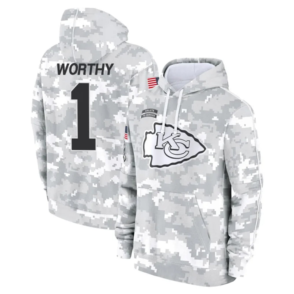 Yuxns KC.Chiefs #1 Xavier Worthy Player Arctic Camo Salute to Service Hoodies Stitched Jerseys