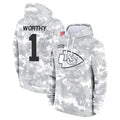 Yuxns KC.Chiefs #1 Xavier Worthy Player Arctic Camo Salute to Service Hoodies Stitched Jerseys