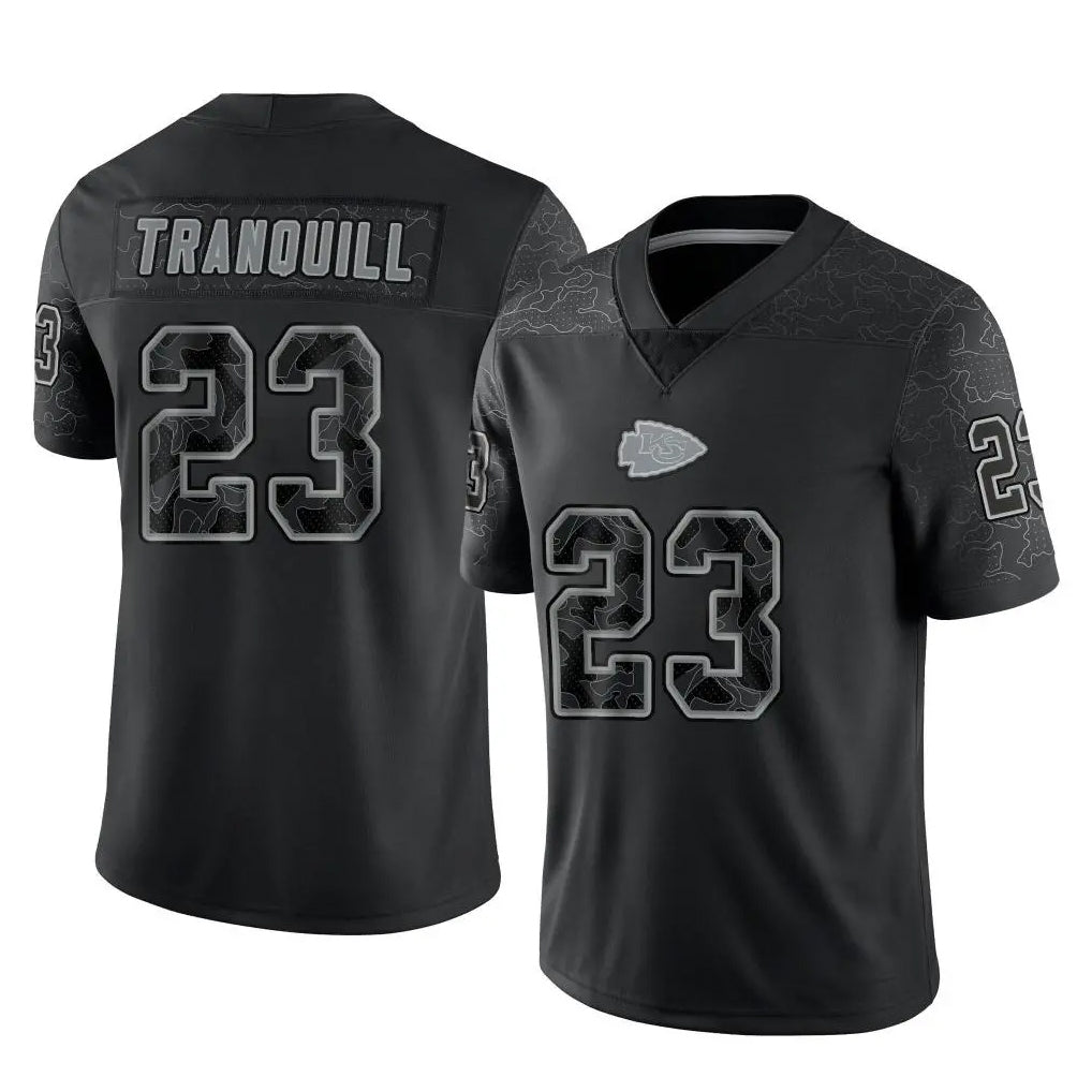 Yuxns KC.Chiefs #23 Drue Tranquill Player Black Limited Reflective Game Stitched Jerseys