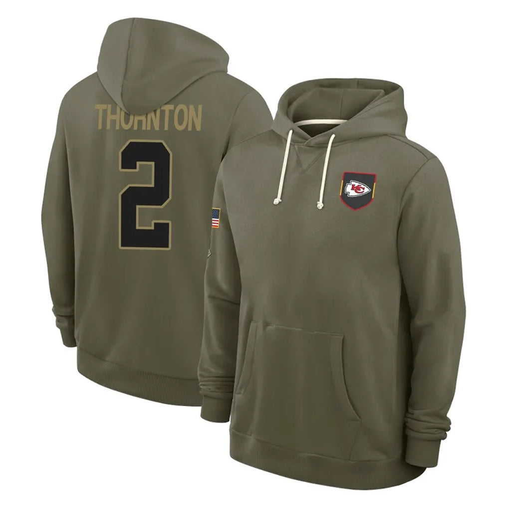 Yuxns KC.Chiefs #2 Tyquan Thornton Player Olive Salute to Service Pullover Hoodies Limited Stitched Jerseys