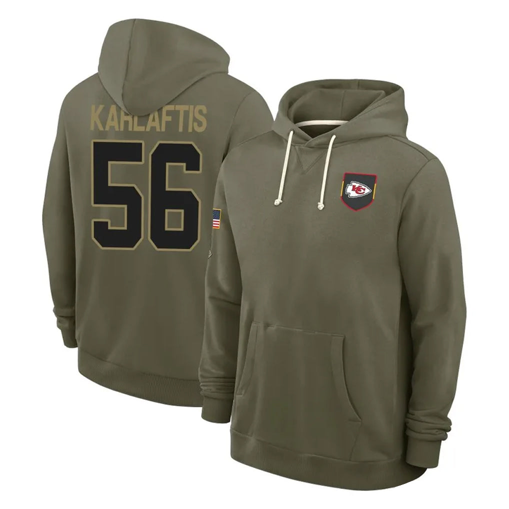 Yuxns KC.Chiefs #56 George Karlaftis Player Olive Salute to Service Pullover Hoodies Limited Stitched Jerseys