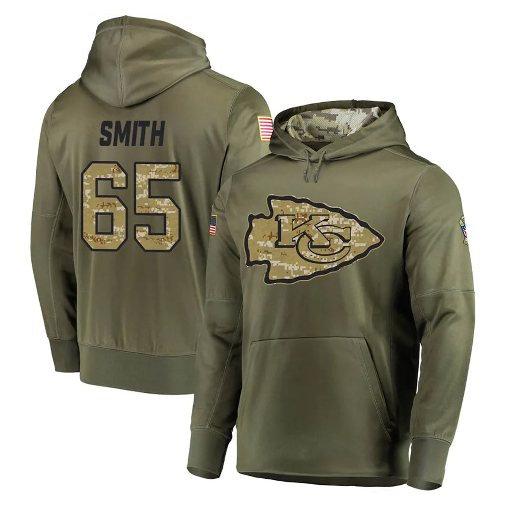 Yuxns KC.Chiefs #65 Trey Smith Player Olive Salute to Service Pullover Hoodies Home Game Stitched Jerseys