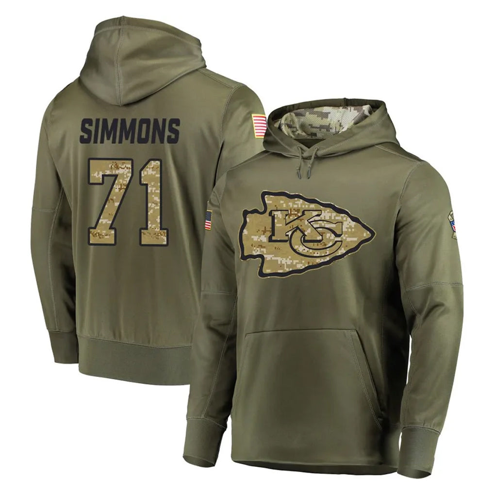 Yuxns KC.Chiefs #71 Josh Simmons Player Olive Salute to Service Pullover Hoodies Home Game Stitched Jerseys