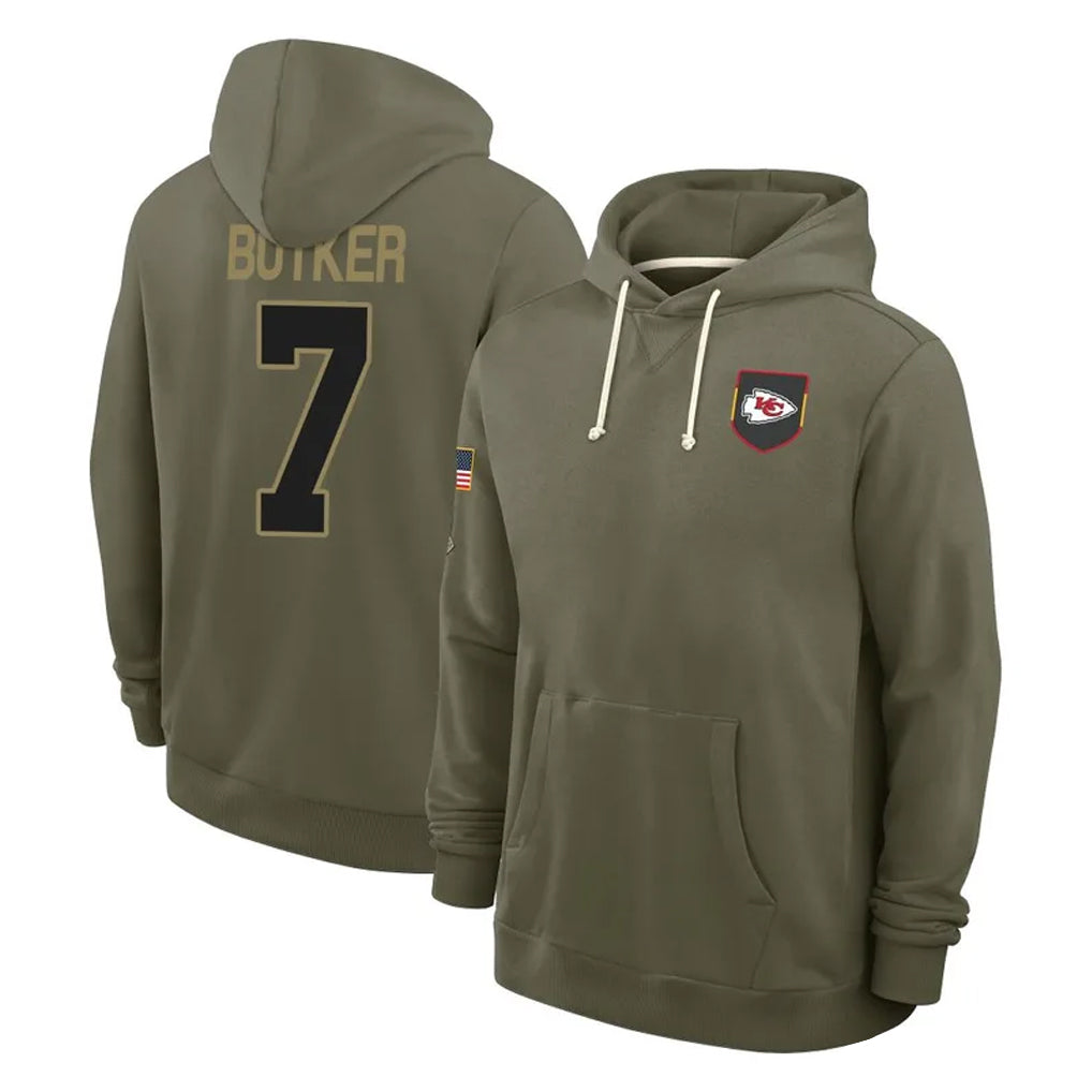 Yuxns KC.Chiefs #7 Harrison Butker Player Olive Salute to Service Pullover Hoodies Limited Stitched Jerseys