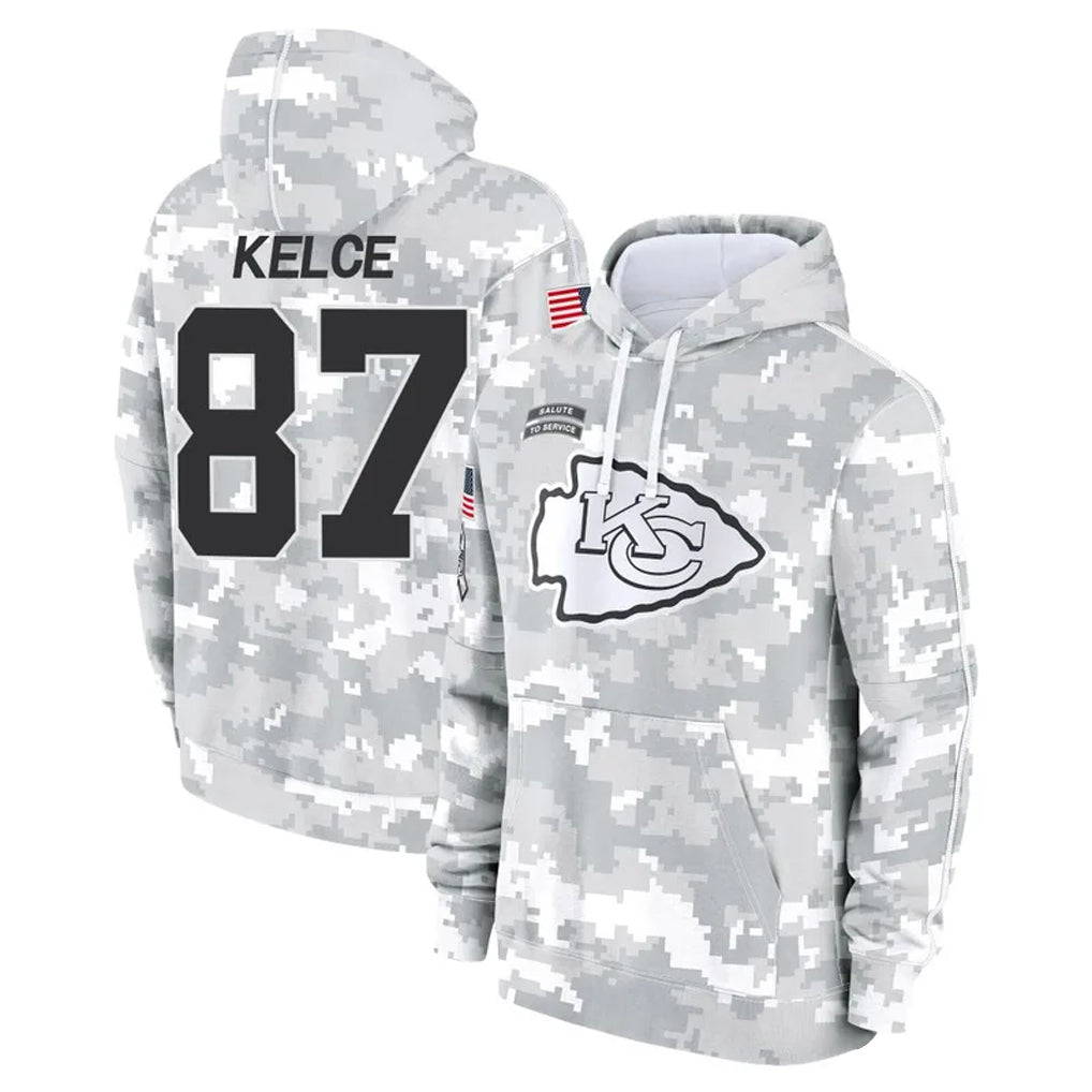 Yuxns KC.Chiefs #87 Travis Kelce Player Arctic Camo Salute to Service Hoodies Stitched Jerseys