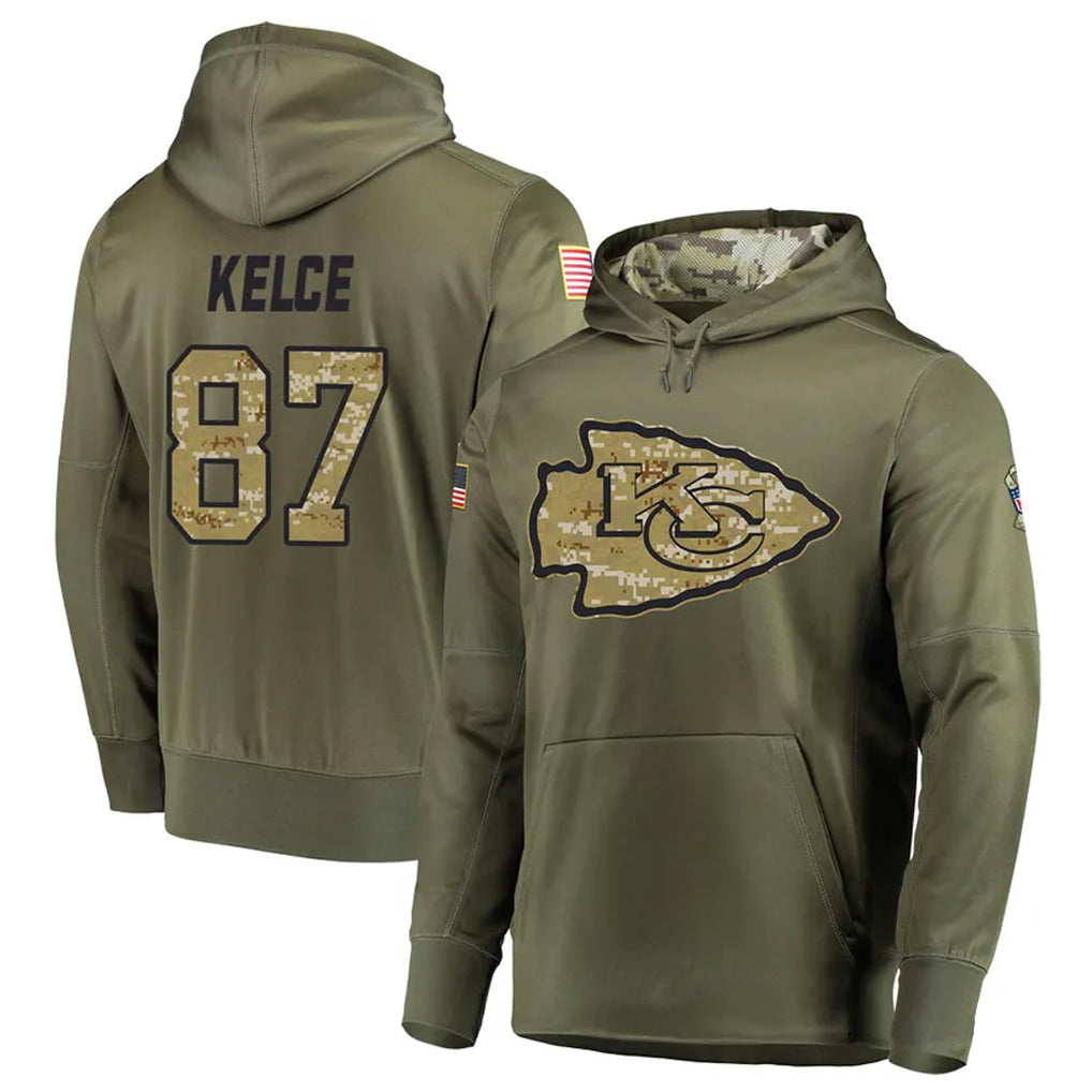 Yuxns KC.Chiefs #87 Travis Kelce Player Salute to Service Limited Olive Hoodies Stitched Jerseys
