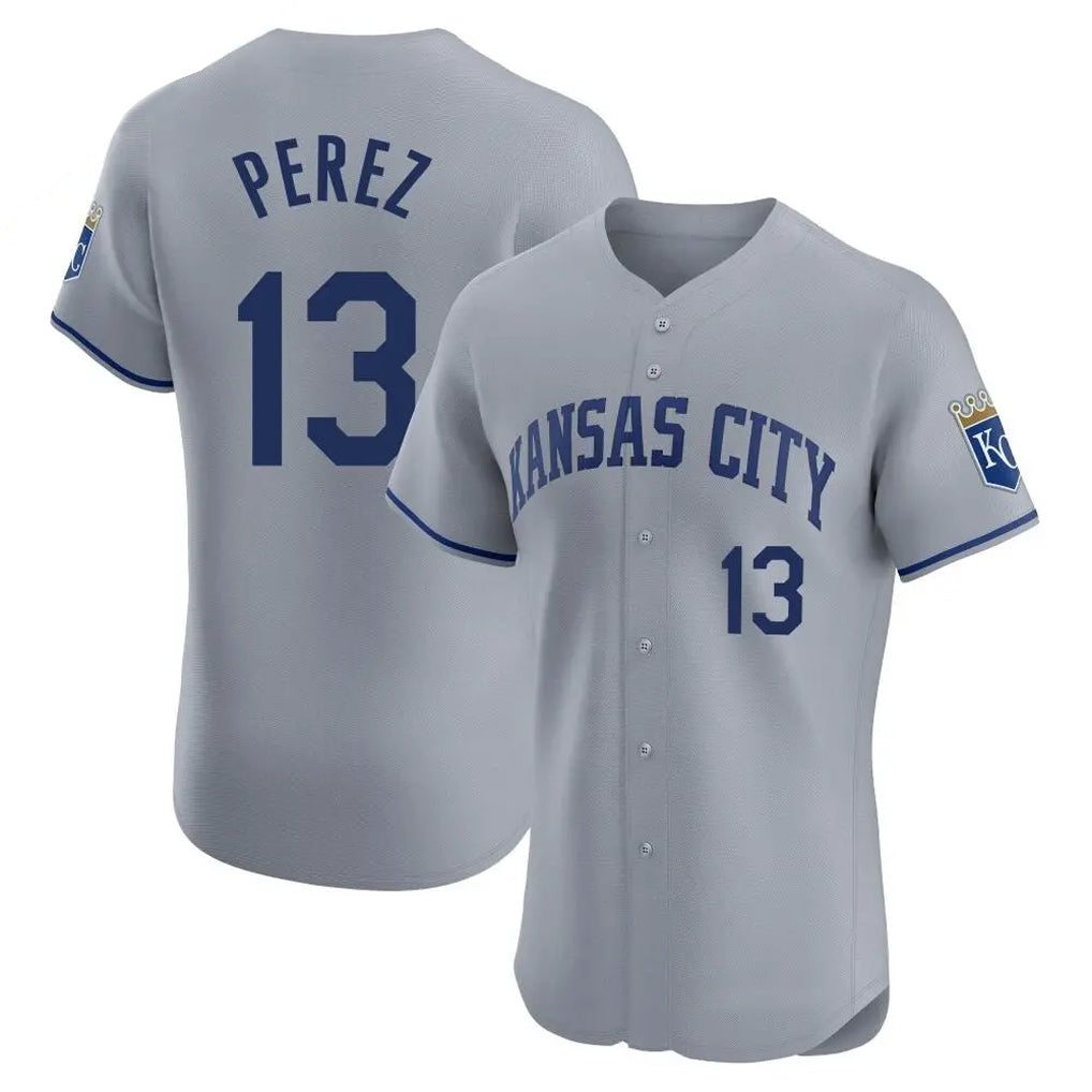 Yuxns KC.Royals #13 Salvador Perez Player Gray Limited Elite Home Stitched Jerseys