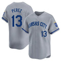 Yuxns KC.Royals #13 Salvador Perez Player Gray Limited Home Stitched Jerseys