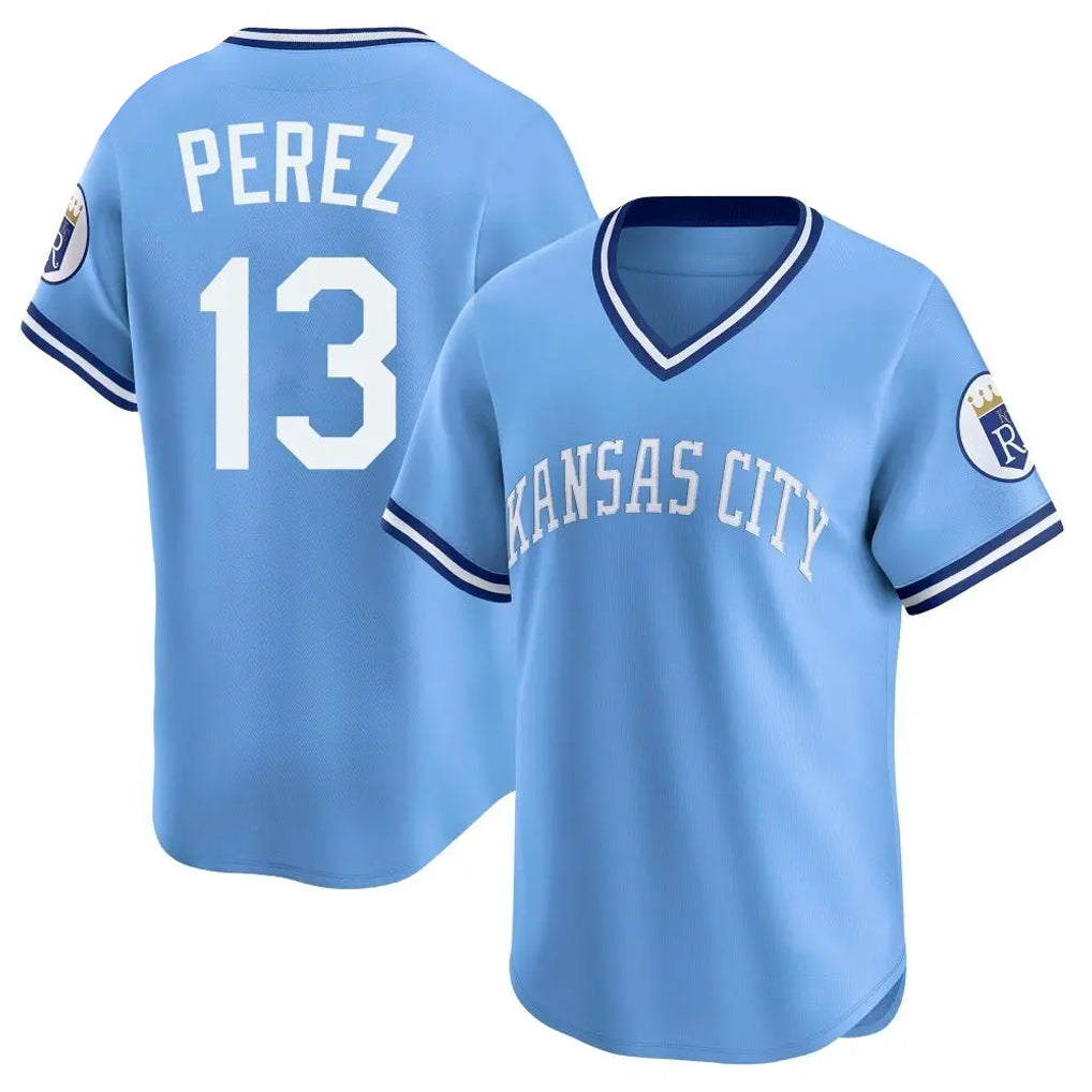 Yuxns KC.Royals #13 Salvador Perez Player Light Blue Limited Throwback Cooperstown Collection T-shirt Stitched Jerseys