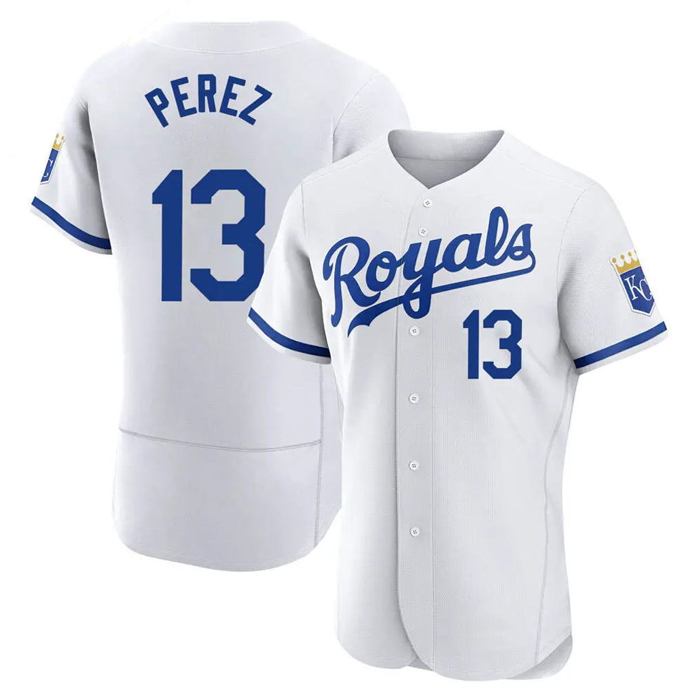 Yuxns KC.Royals #13 Salvador Perez Player White Limited Elite Home Game Stitched Jerseys