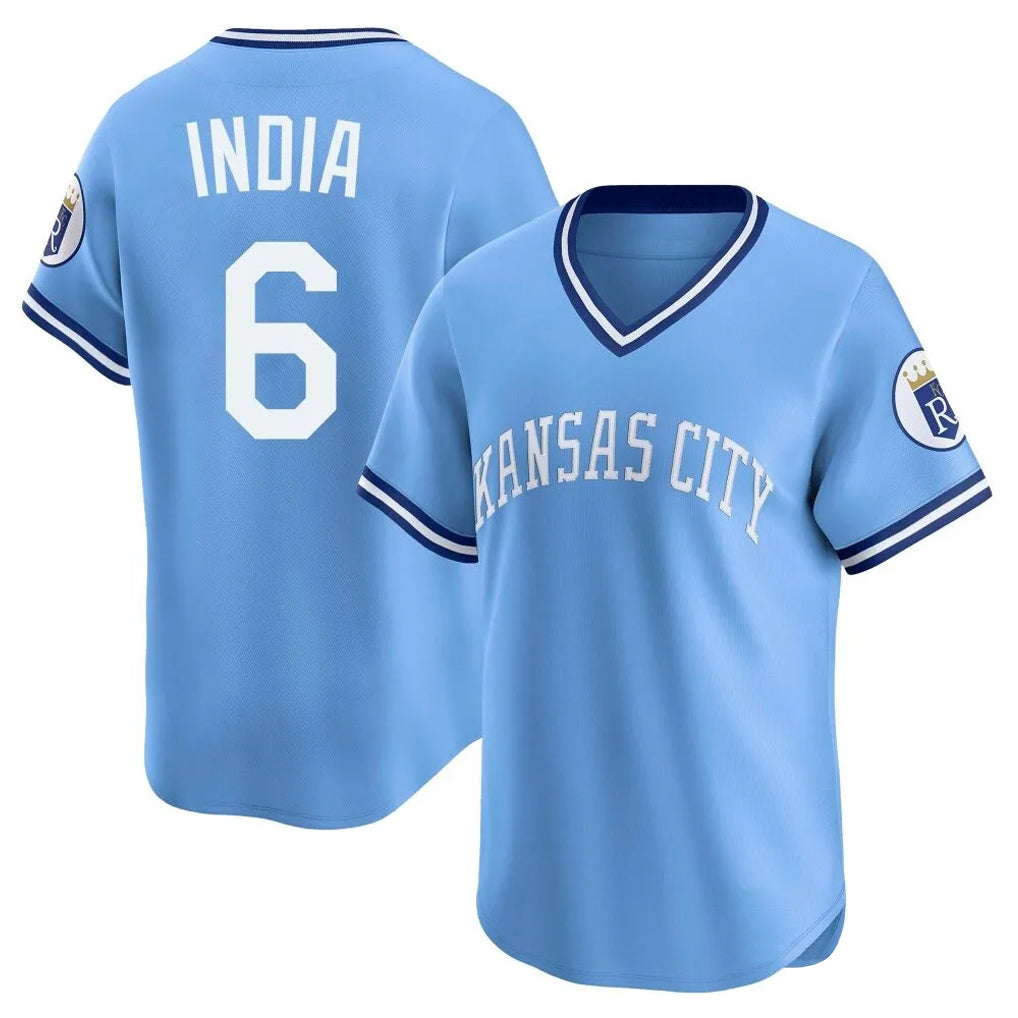 Yuxns KC.Royals #6 Jonathan India Player Light Blue Limited Throwback Cooperstown Collection T-shirt Stitched Jerseys