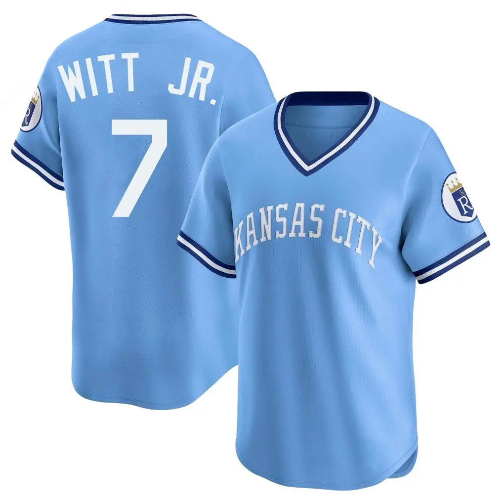 Yuxns KC.Royals #7 Bobby Witt Jr. Player Light Blue Limited Throwback Cooperstown Collection T-shirt Stitched Jerseys