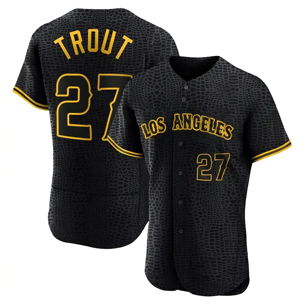 Yuxns LA.Angels #27 Mike Trout Player Black Snake Skin City Limited Elite Home Stitched Jerseys