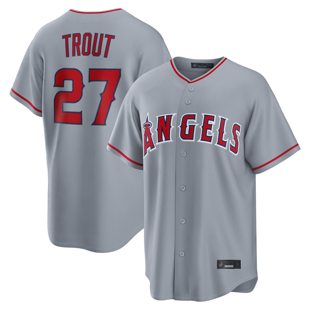 Yuxns LA.Angels #27 Mike Trout Player Gray Home Game Stitched Jerseys