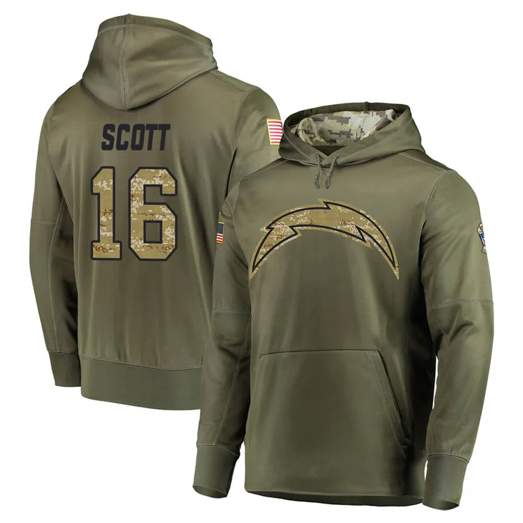 Yuxns LA.Chargers #16 J.K. Scott Player Olive Salute to Service Pullover Hoodies Home Game Stitched Jerseys
