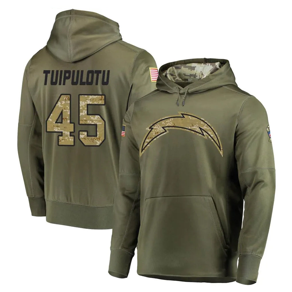 Yuxns LA.Chargers #45 Tuli Tuipulotu Player Olive Salute to Service Pullover Hoodies Home Game Stitched Jerseys