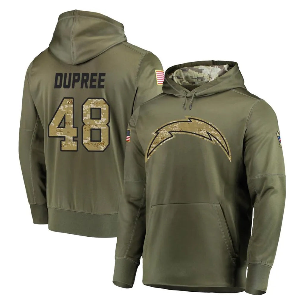 Yuxns LA.Chargers #48 Bud Dupree Player Olive Salute to Service Pullover Hoodies Home Game Stitched Jerseys