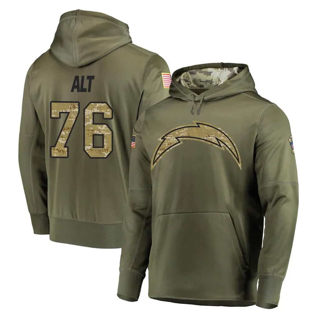 Yuxns LA.Chargers #76 Joe Alt Player Olive Salute to Service Pullover Hoodies Home Game Stitched Jerseys