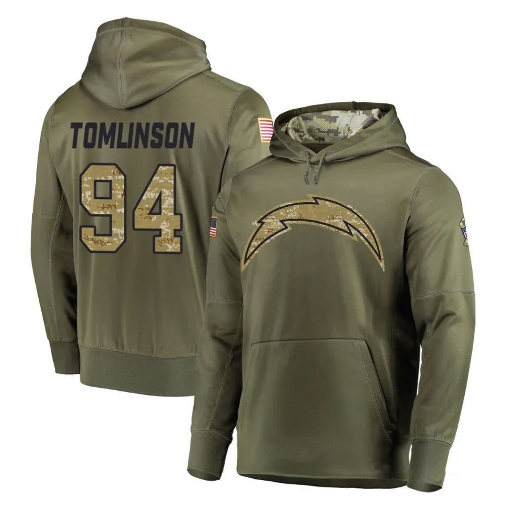 Yuxns LA.Chargers #94 Dalvin Tomlinson Player Olive Salute to Service Pullover Hoodies Home Game Stitched Jerseys