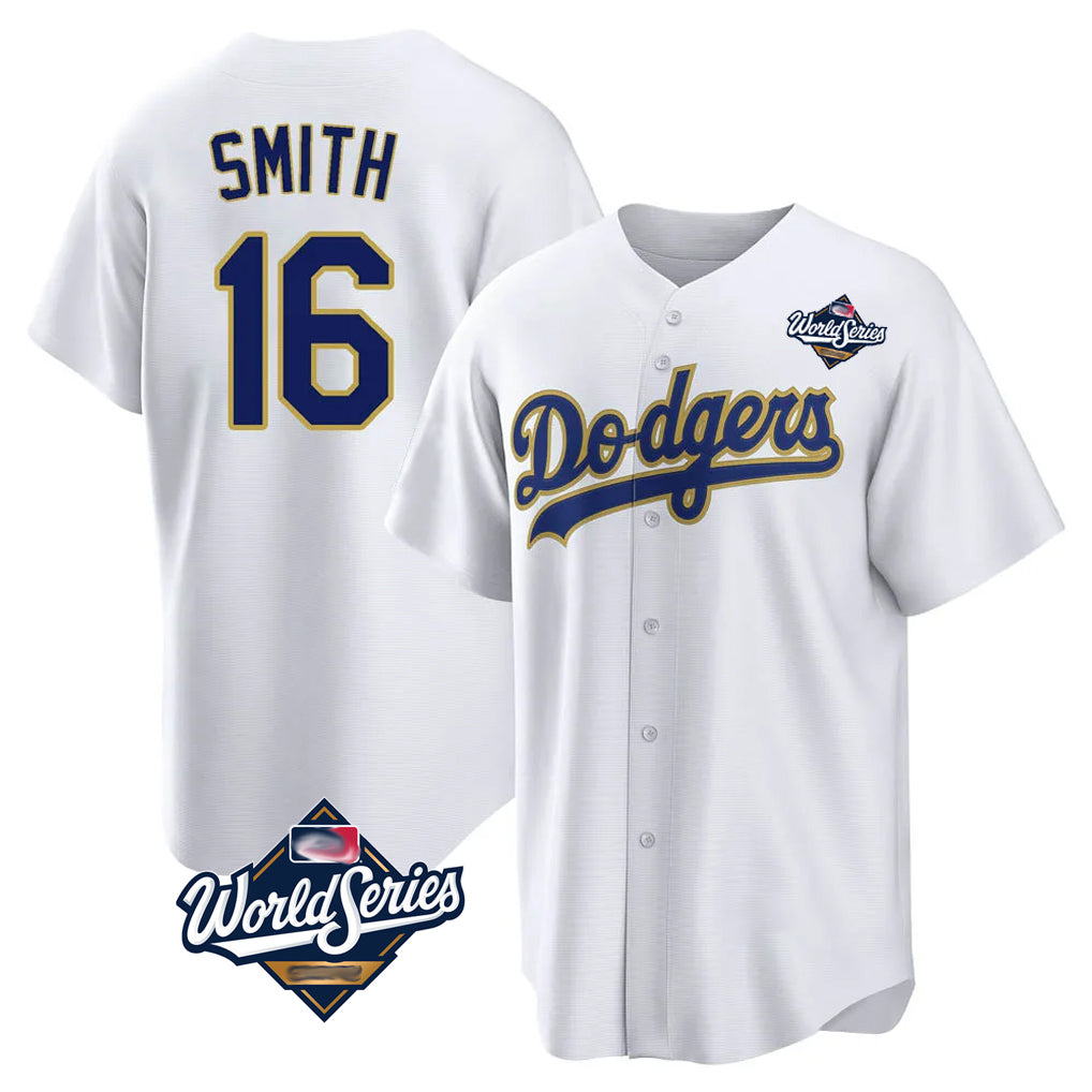 Yuxns LA.Dodgers #16 Will Smith Player Gold White World Series 2026 Collection Stadium Game Stitched Jerseys