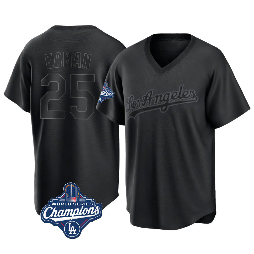 Yuxns LA.Dodgers #25 Tommy Edman Player Black World Series Meet Pitch Fashion T-shirt Stitched Jerseys
